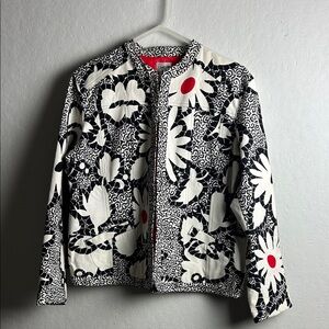 Chico's Black and White Floral Bomber Jacket with Red Accents